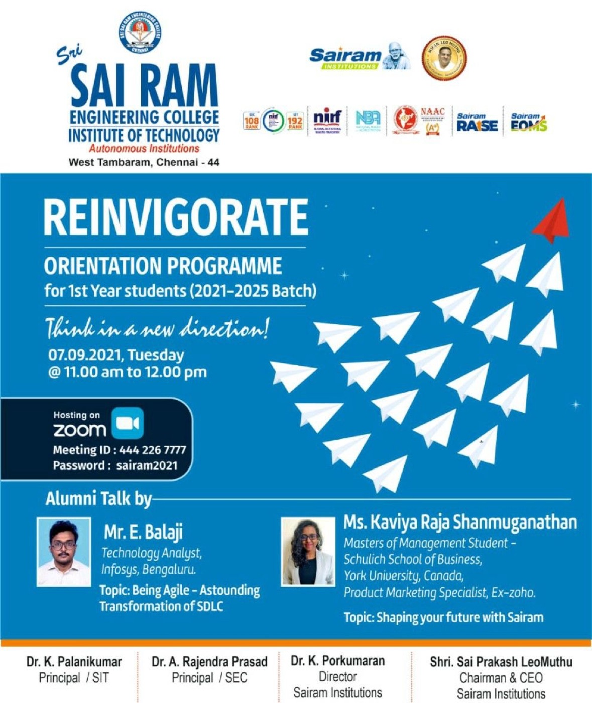 Event poster featuring Kaviya as an alumni guest speaker at Sri Sairam Engineering College