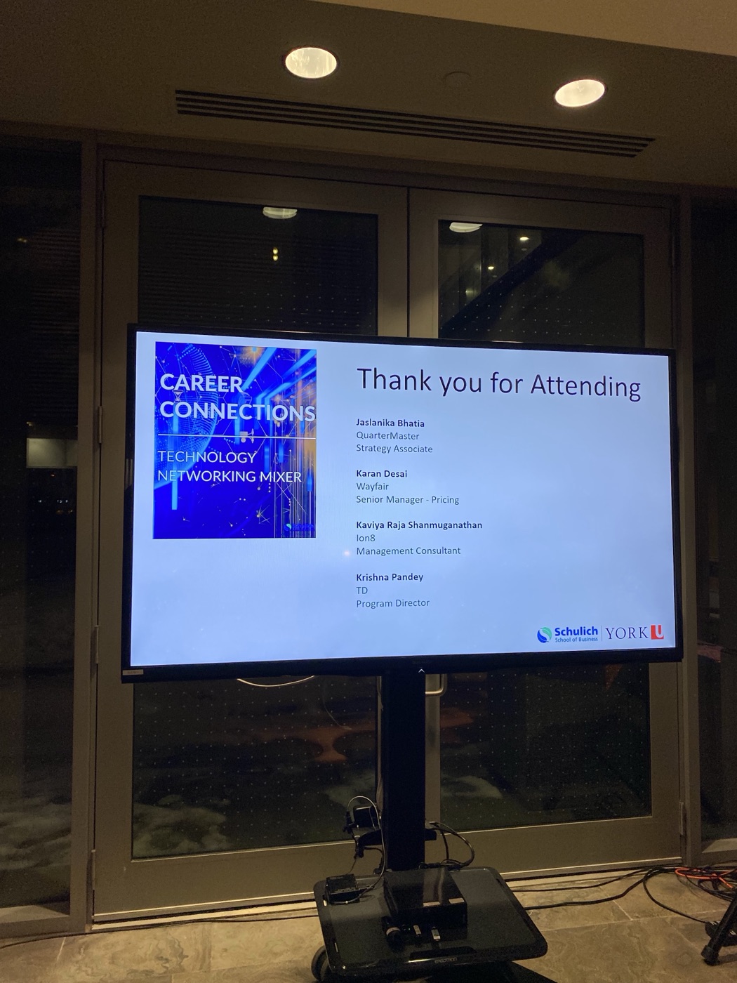 Career Connections technology networking mixer screen thanking Kaviya for attending, Schulich School of Business