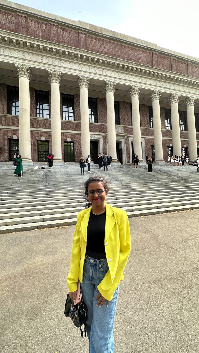 Kaviya at the Widener Library, Harvard University, Boston